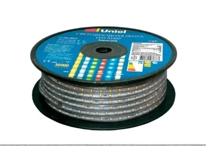Светодиодная влагозащищенная лента Uniel 8W/m 60LED/m 2835SMD синий 50M ULS-2835-60LED/m-10mm-IP67-220V-8W/m-50M-Blue UL-00000859